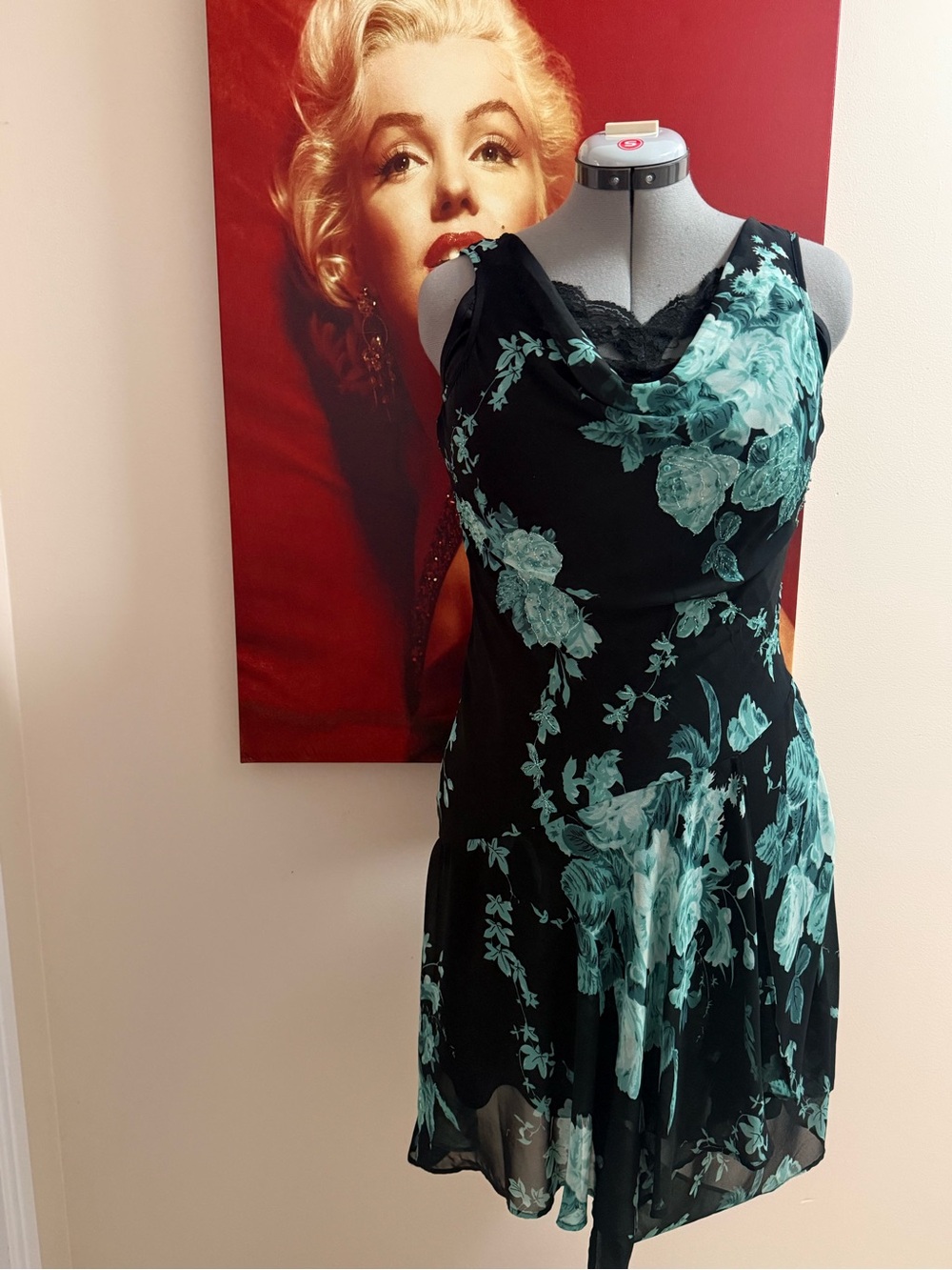 connected apparel Black Dress with Teal Floral Print sheer over black lace slip